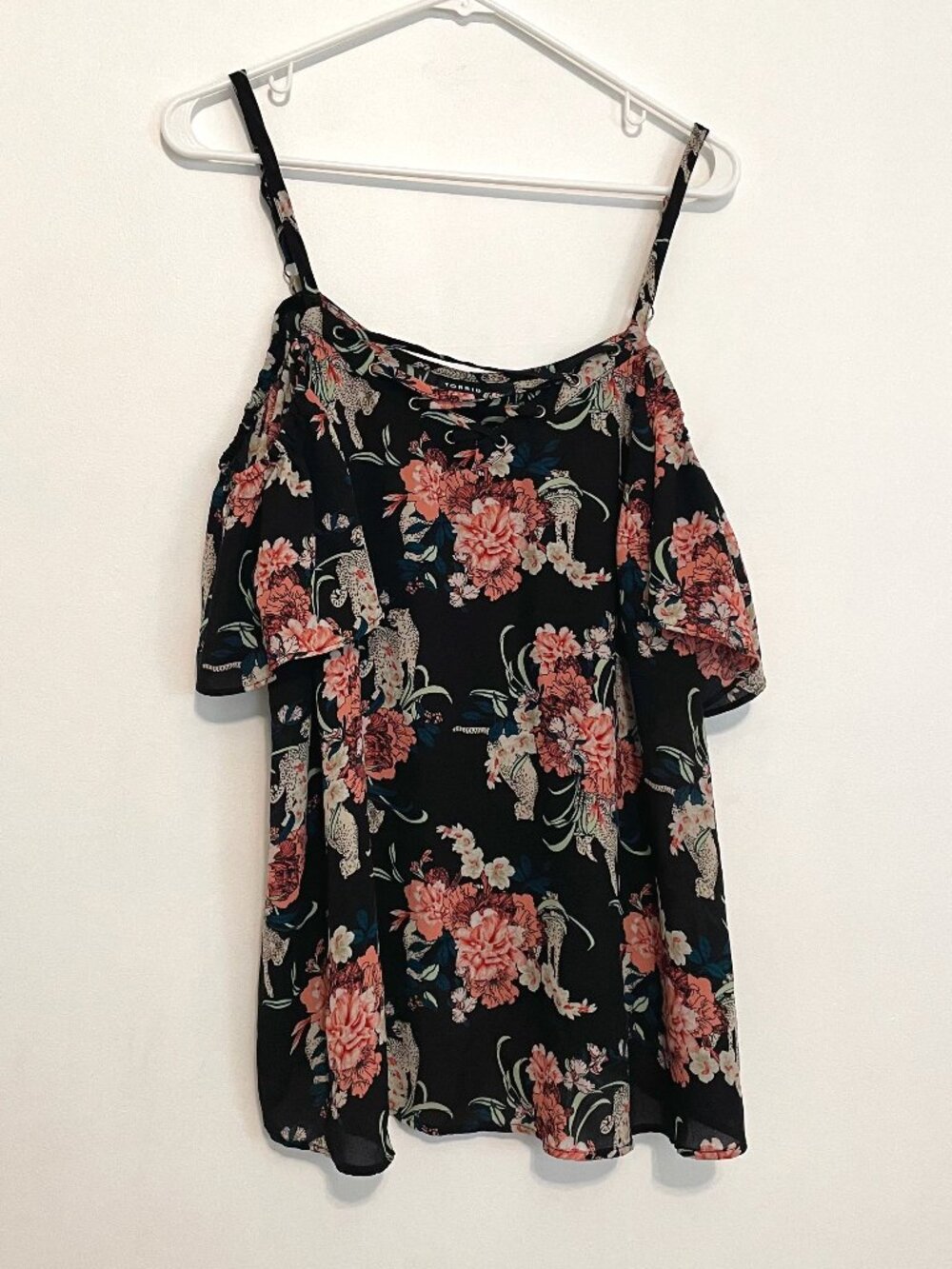 TORRID 1 Plus Georgette Lace Up Cold Shoulder Blouse Black Floral Leopard Boho - Picture 2 of 16